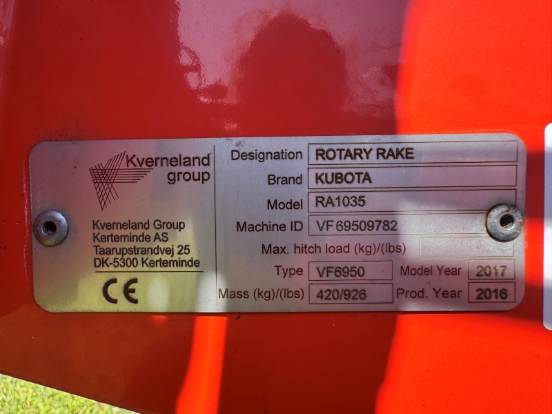 2017 Kubota RA1035 rake for sale at Baker & Sons Equipment in Ohio