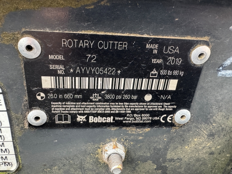 2019 Bobcat 72 skid steer rotary mower for sale at Baker & Sons in Ohio